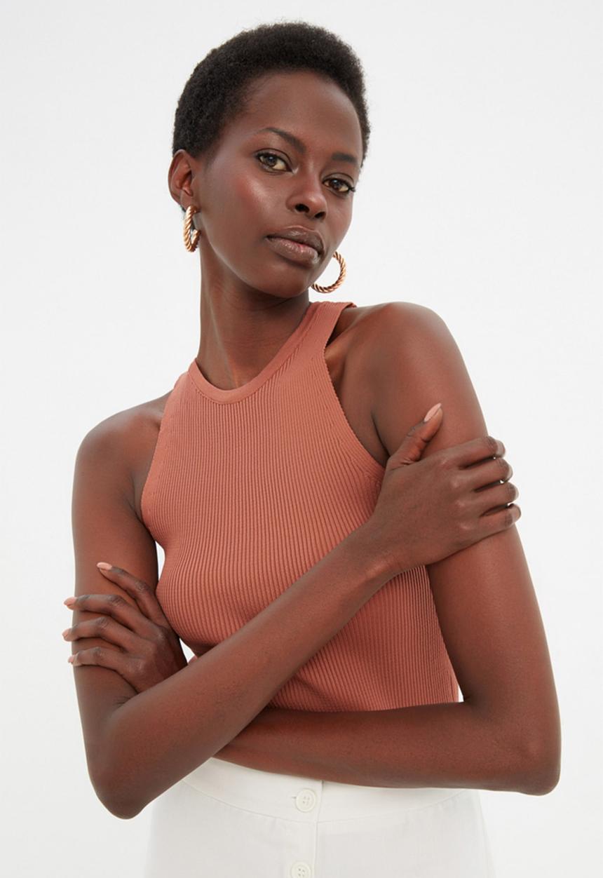 Trendyol - Rib Knitwear Blouse - Brown