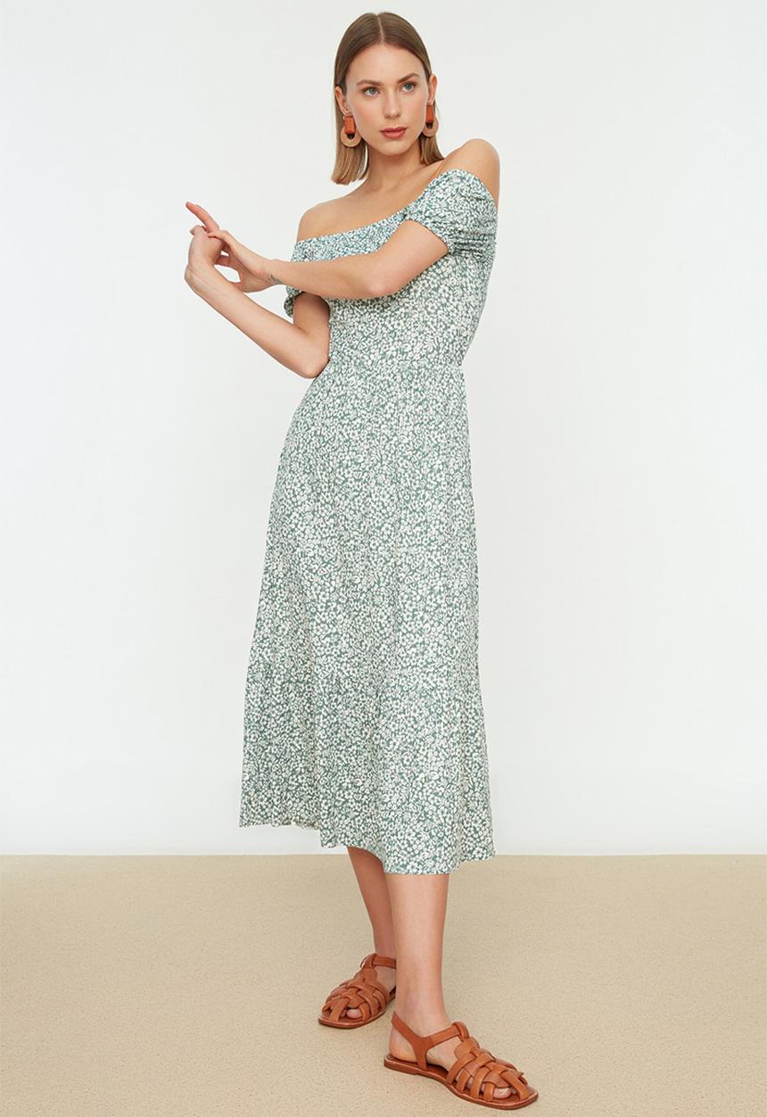 Trendyol - Carmen Collar Printed Ribbed Knitted Dress - Mint