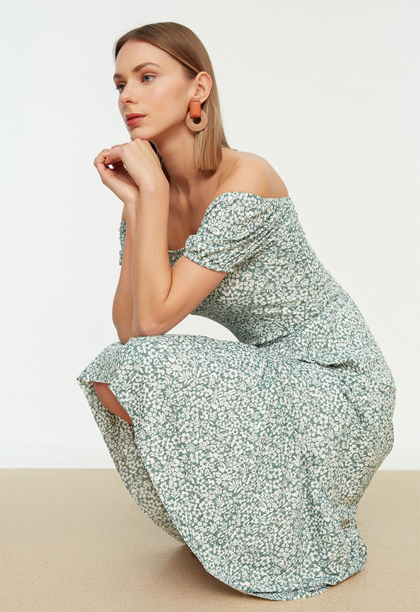 Trendyol - Carmen Collar Printed Ribbed Knitted Dress - Mint