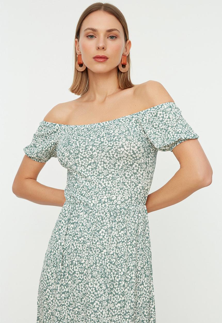 Trendyol - Carmen Collar Printed Ribbed Knitted Dress - Mint