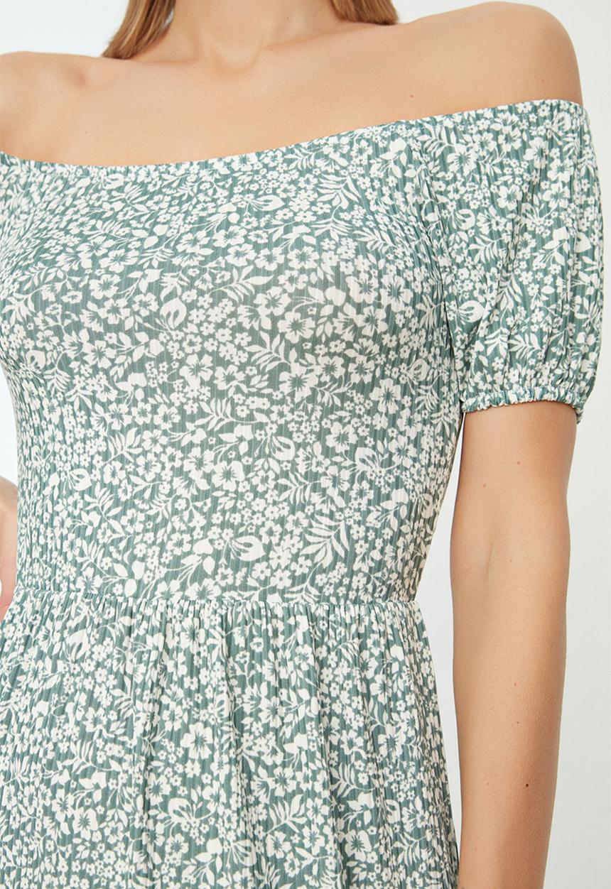 Trendyol - Carmen Collar Printed Ribbed Knitted Dress - Mint