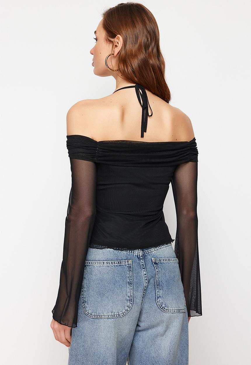 Trendyol - Flare Sleeve Tie Detailed Knitted Blouse - Black