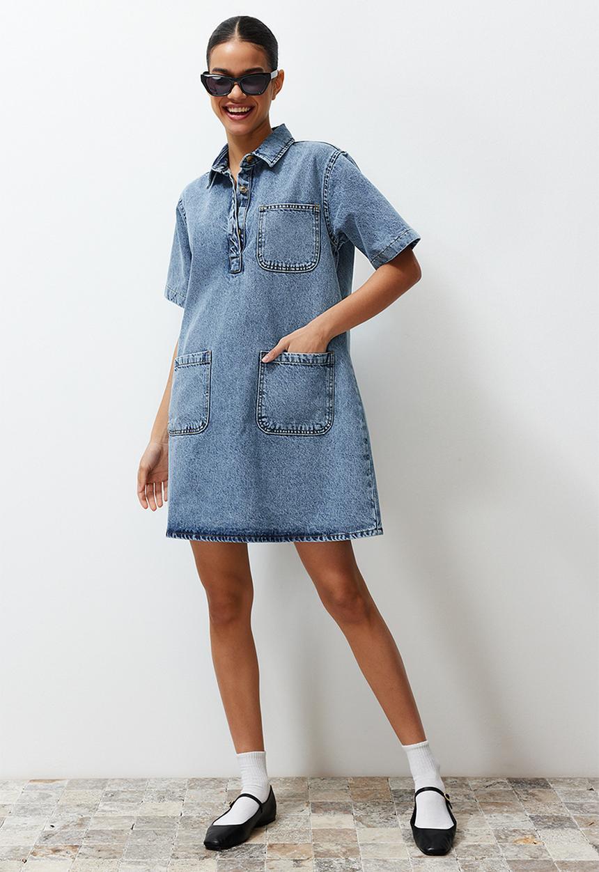 Trendyol - Plain Denim Dress - Blue