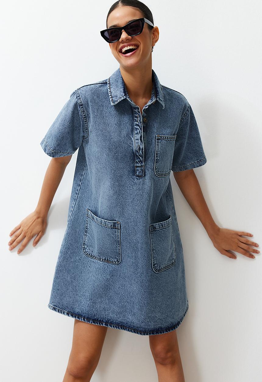 Trendyol - Plain Denim Dress - Blue