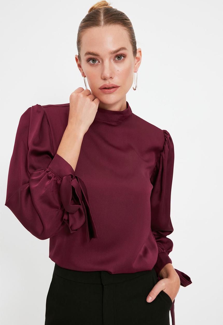 Trendyol - Tie Detailed Satin Woven Blouse - Plum