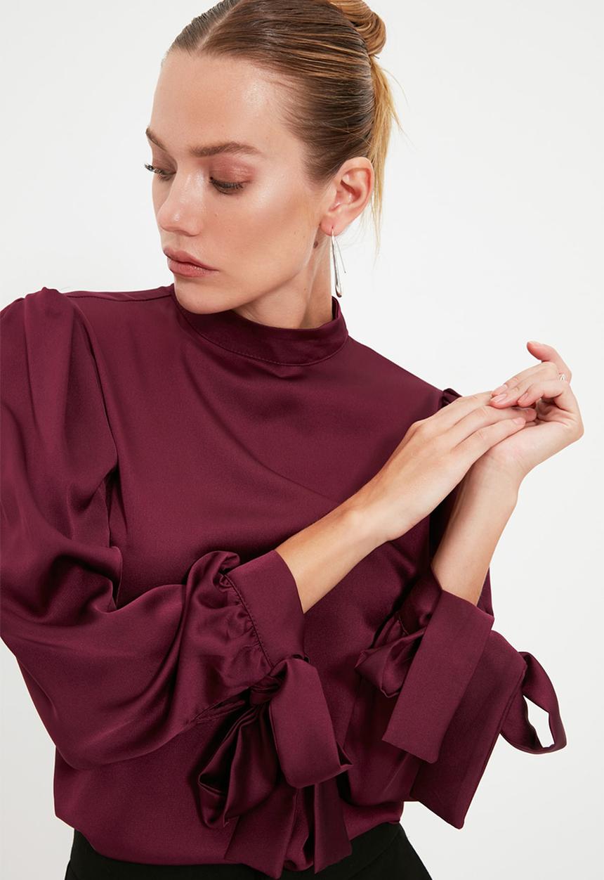 Trendyol - Tie Detailed Satin Woven Blouse - Plum