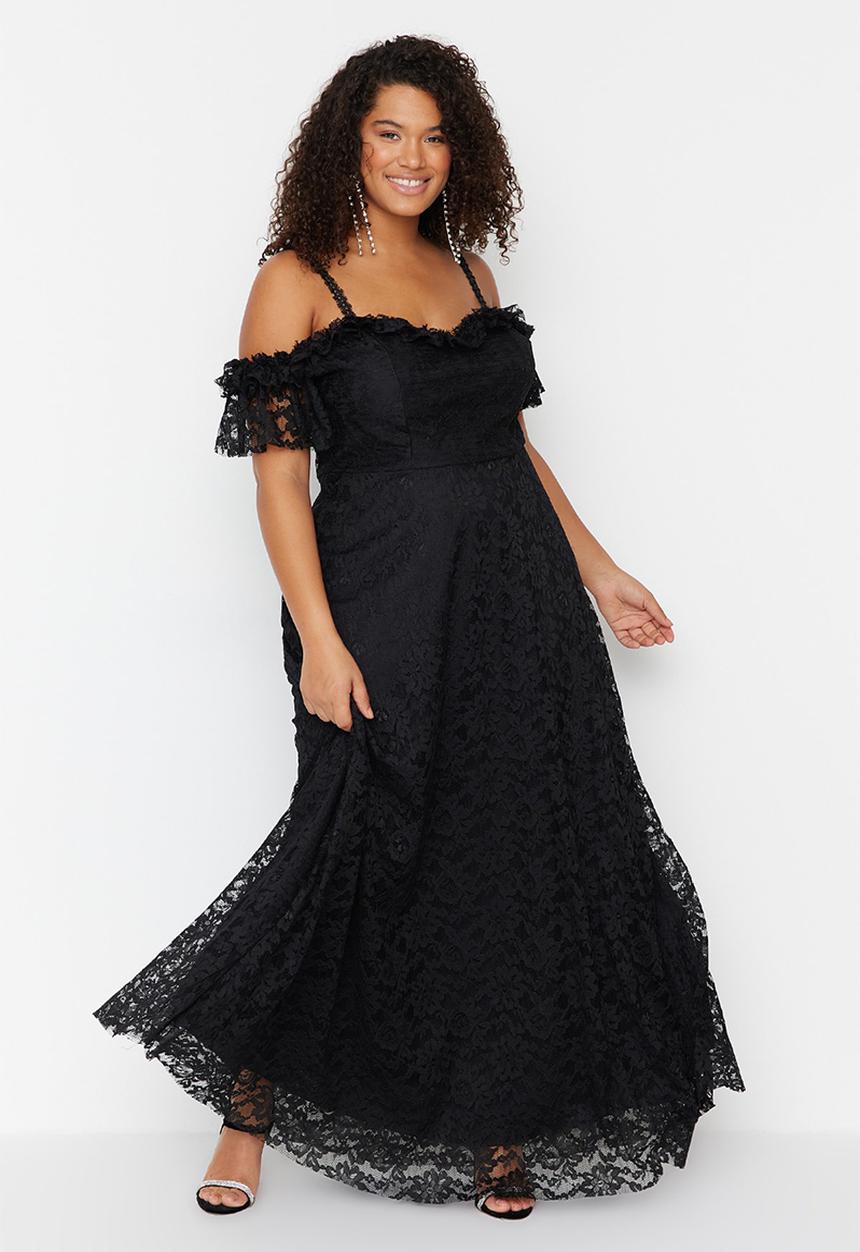 Trendyol - Plus size strap a-line lace maxi evening dress - black