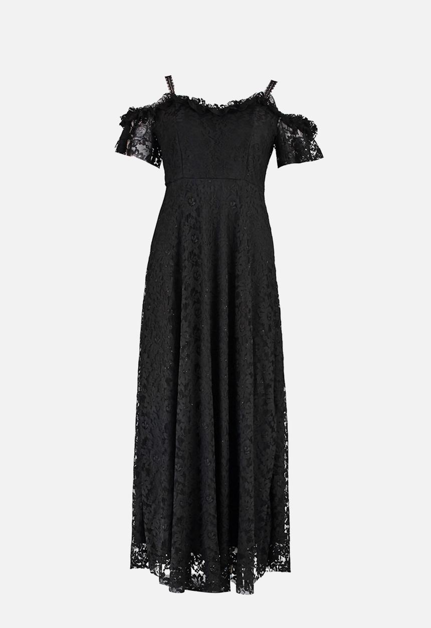 Trendyol - Plus size strap a-line lace maxi evening dress - black