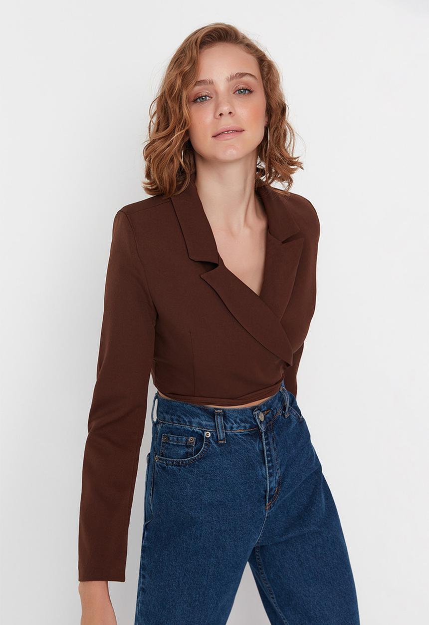Trendyol - Crop weave lined double breasted closeup blazer jacket - brown