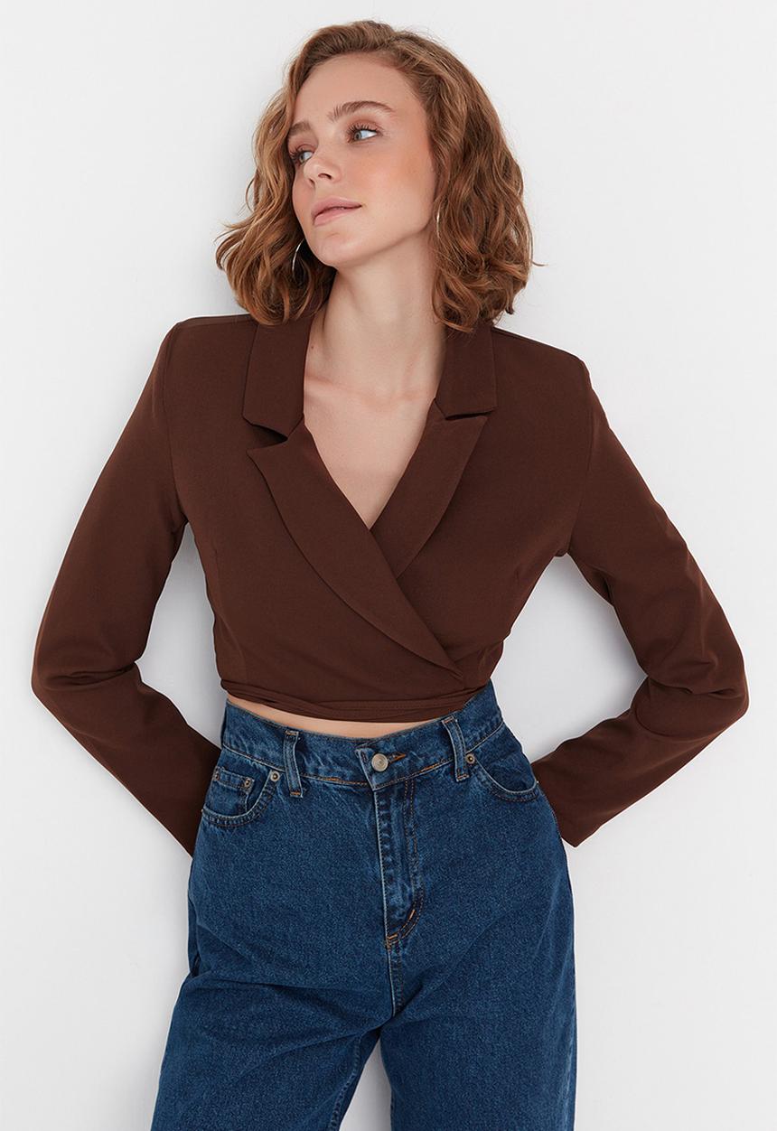Trendyol - Crop weave lined double breasted closeup blazer jacket - brown