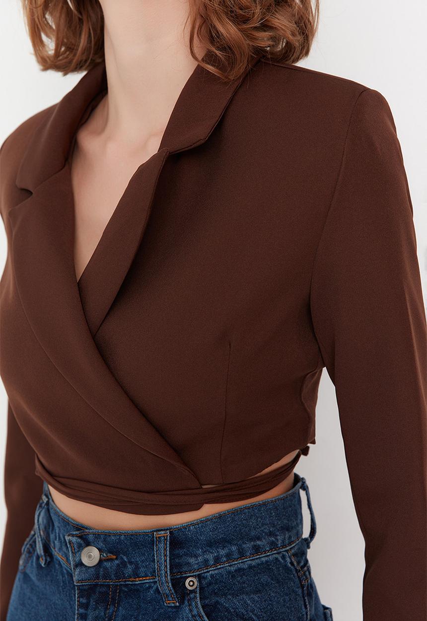 Trendyol - Crop weave lined double breasted closeup blazer jacket - brown