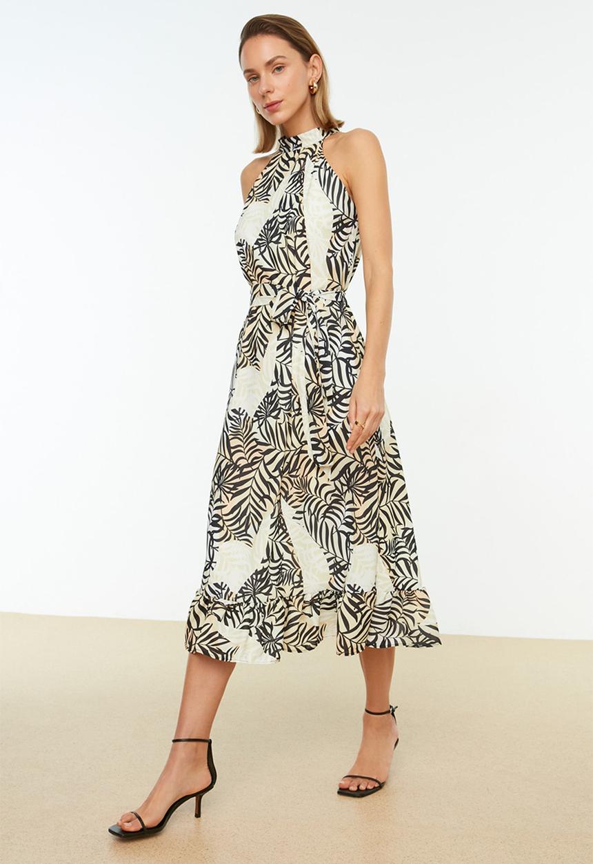 Trendyol - Belted A-line Midi Woven Dress - Camel