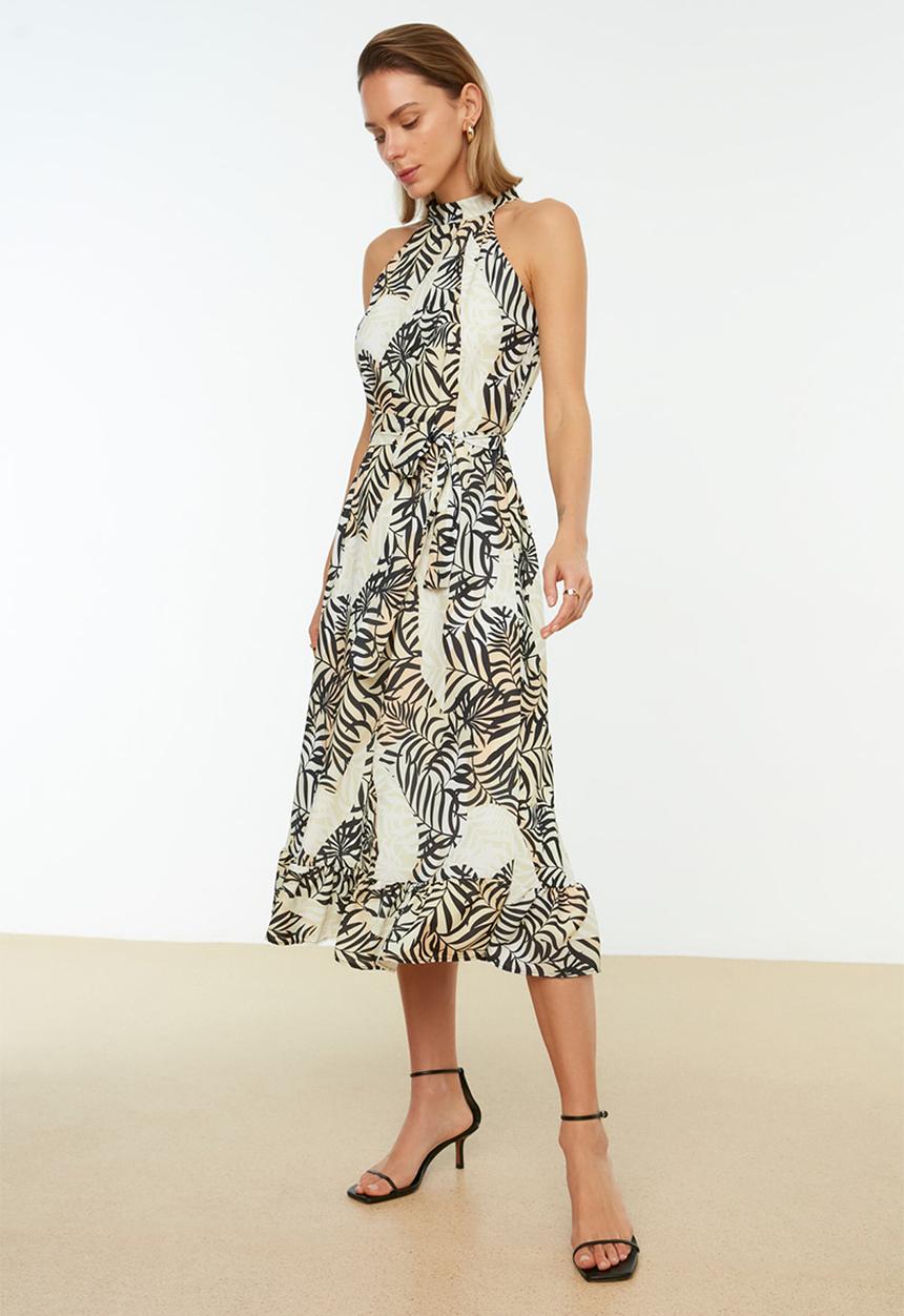 Trendyol - Belted A-line Midi Woven Dress - Camel
