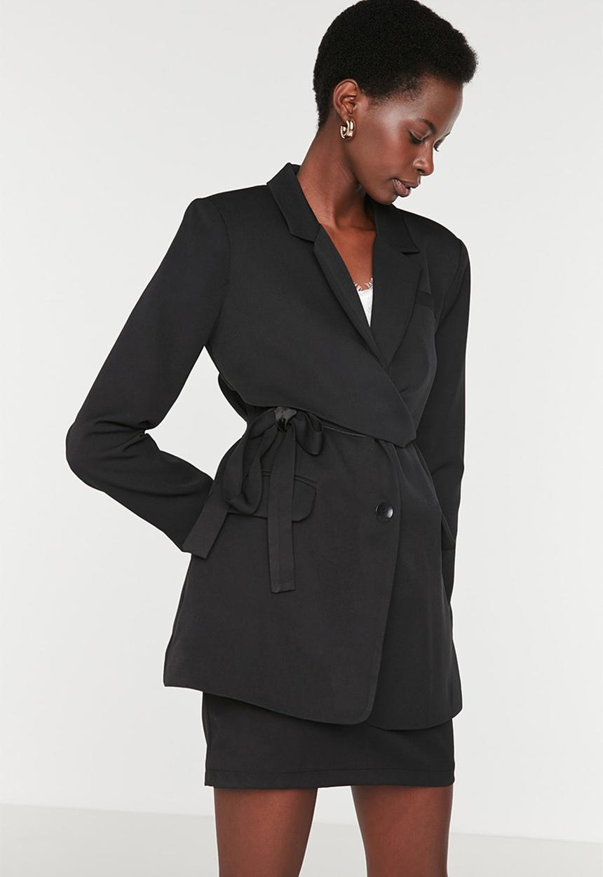 Trendyol - Belted Regular Lined Double Breasted Closure Woven Blazer Jacket - Black