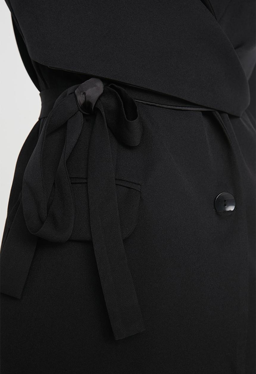Trendyol - Belted Regular Lined Double Breasted Closure Woven Blazer Jacket - Black