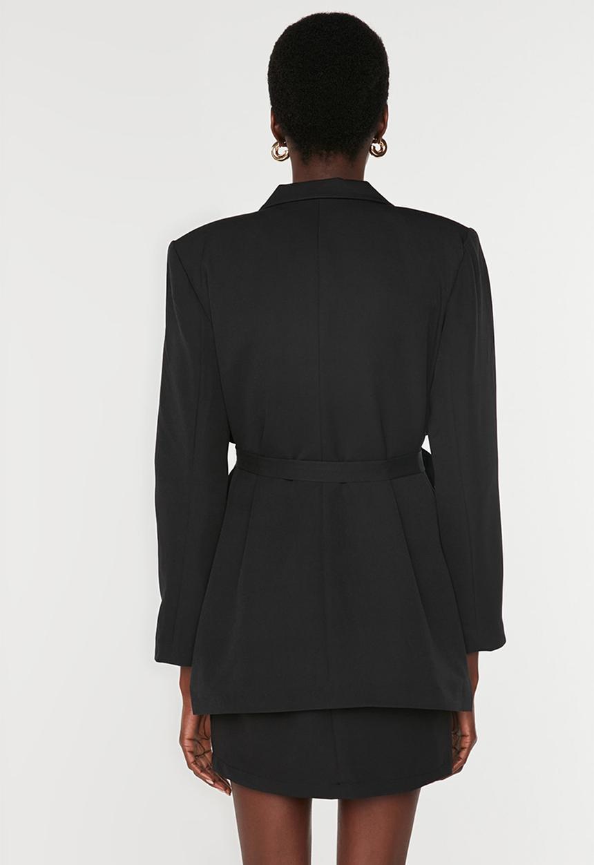 Trendyol - Belted Regular Lined Double Breasted Closure Woven Blazer Jacket - Black
