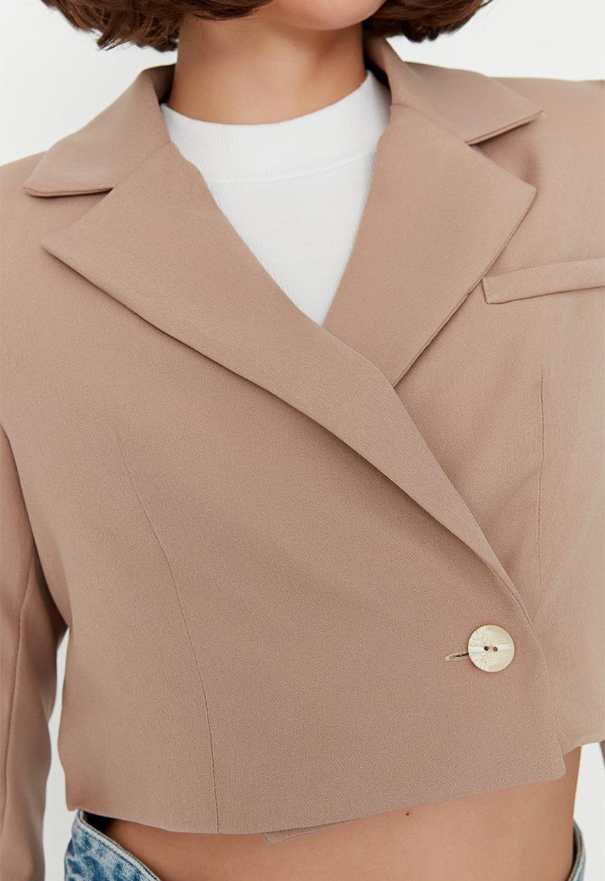 Trendyol - Crop Blazer Jacket With Woven Lining - Camel