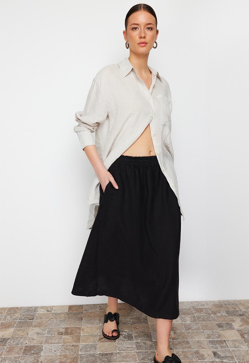 Trendyol - Elastic Waist Midi Skirt - Black