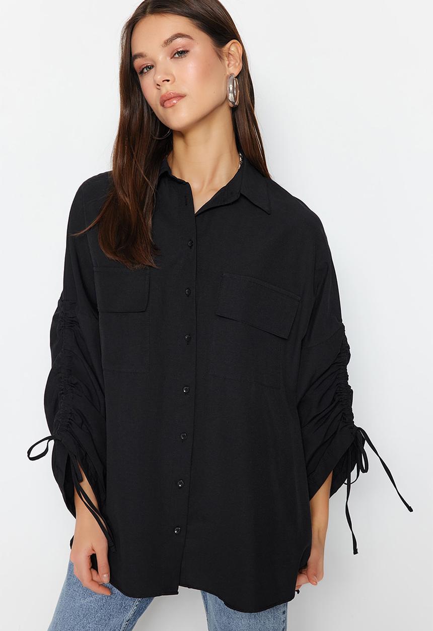 Trendyol - Adjustable shirring sleeves, woven cotton shirt - black