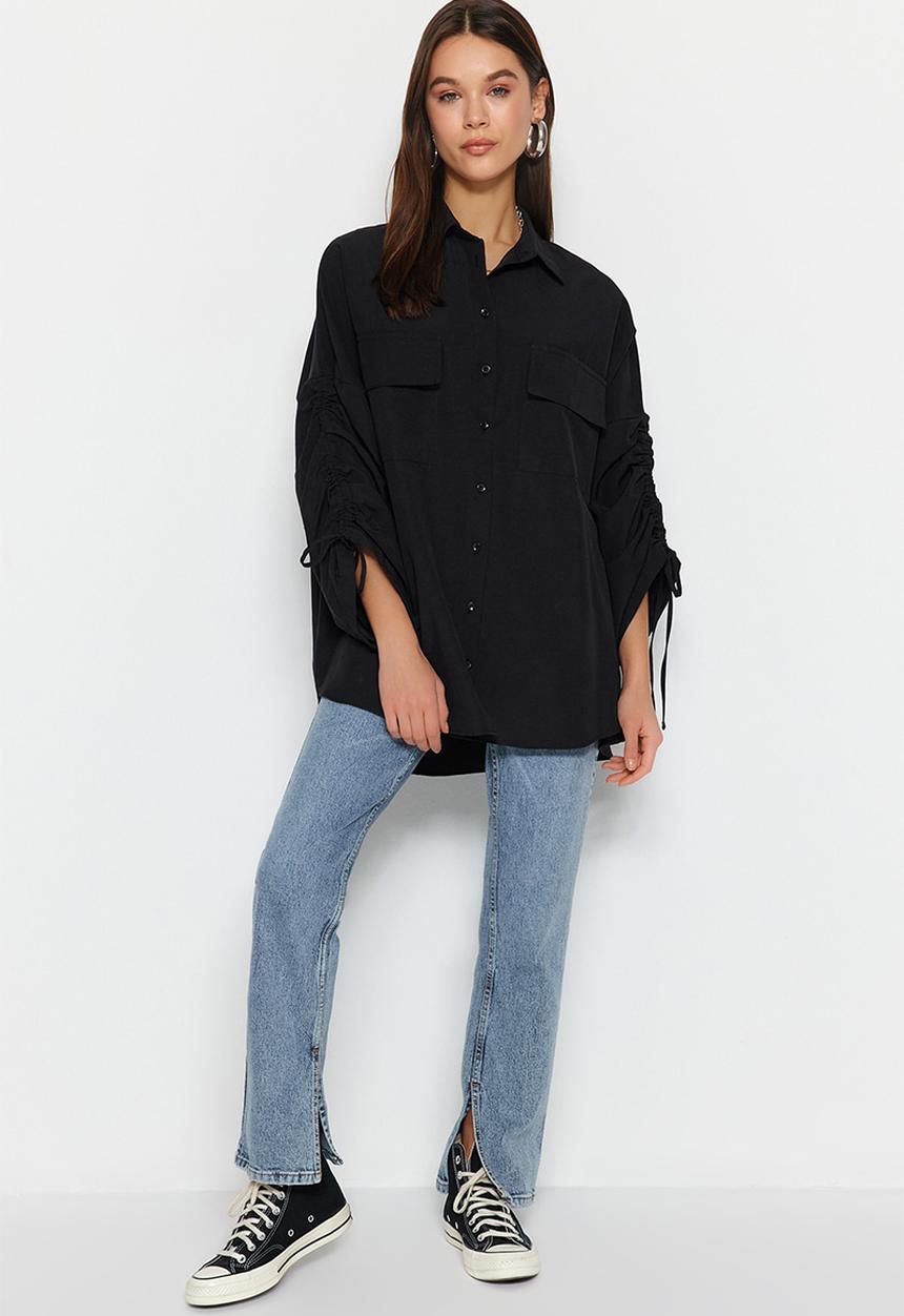 Trendyol - Adjustable shirring sleeves, woven cotton shirt - black