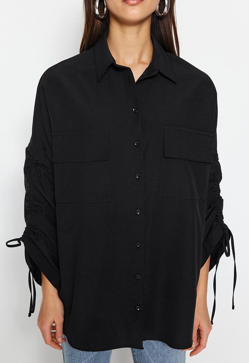 Trendyol - Adjustable shirring sleeves, woven cotton shirt - black