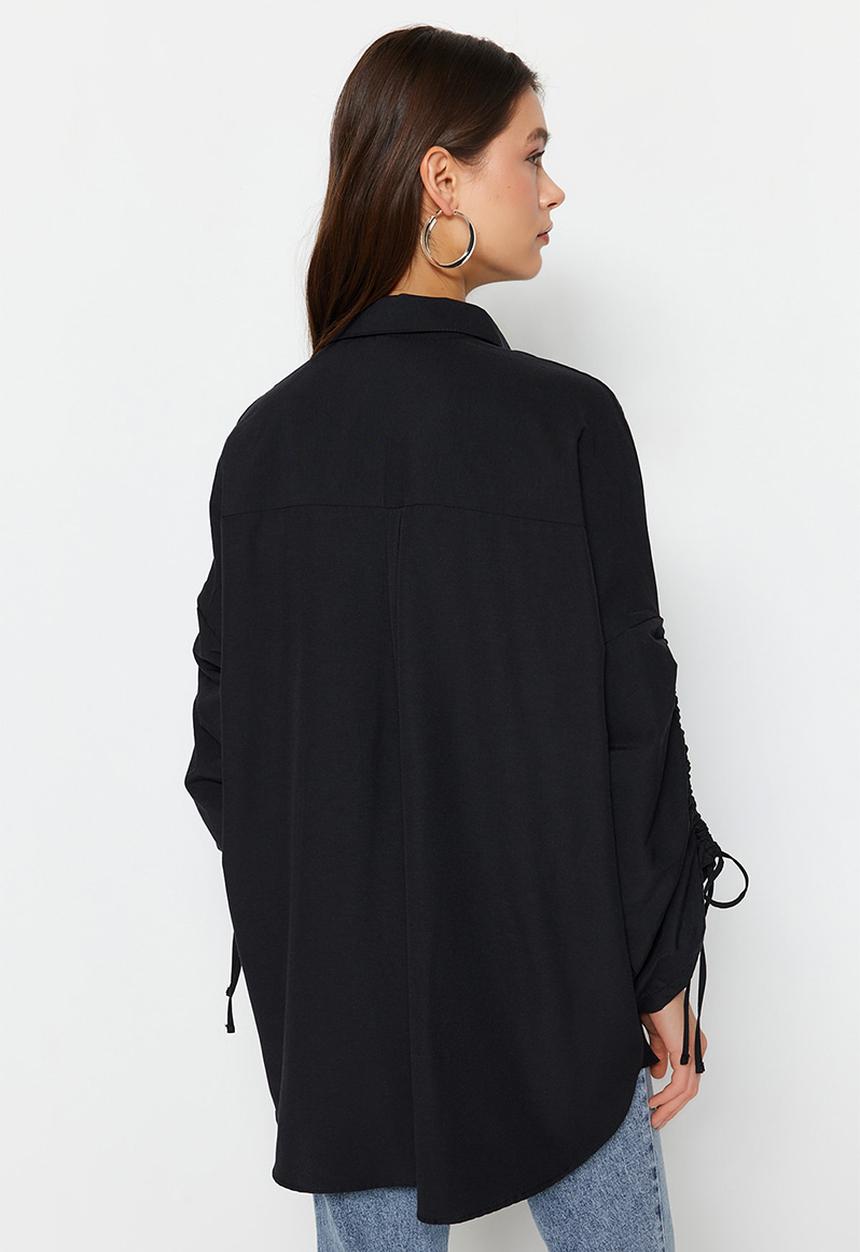 Trendyol - Adjustable shirring sleeves, woven cotton shirt - black