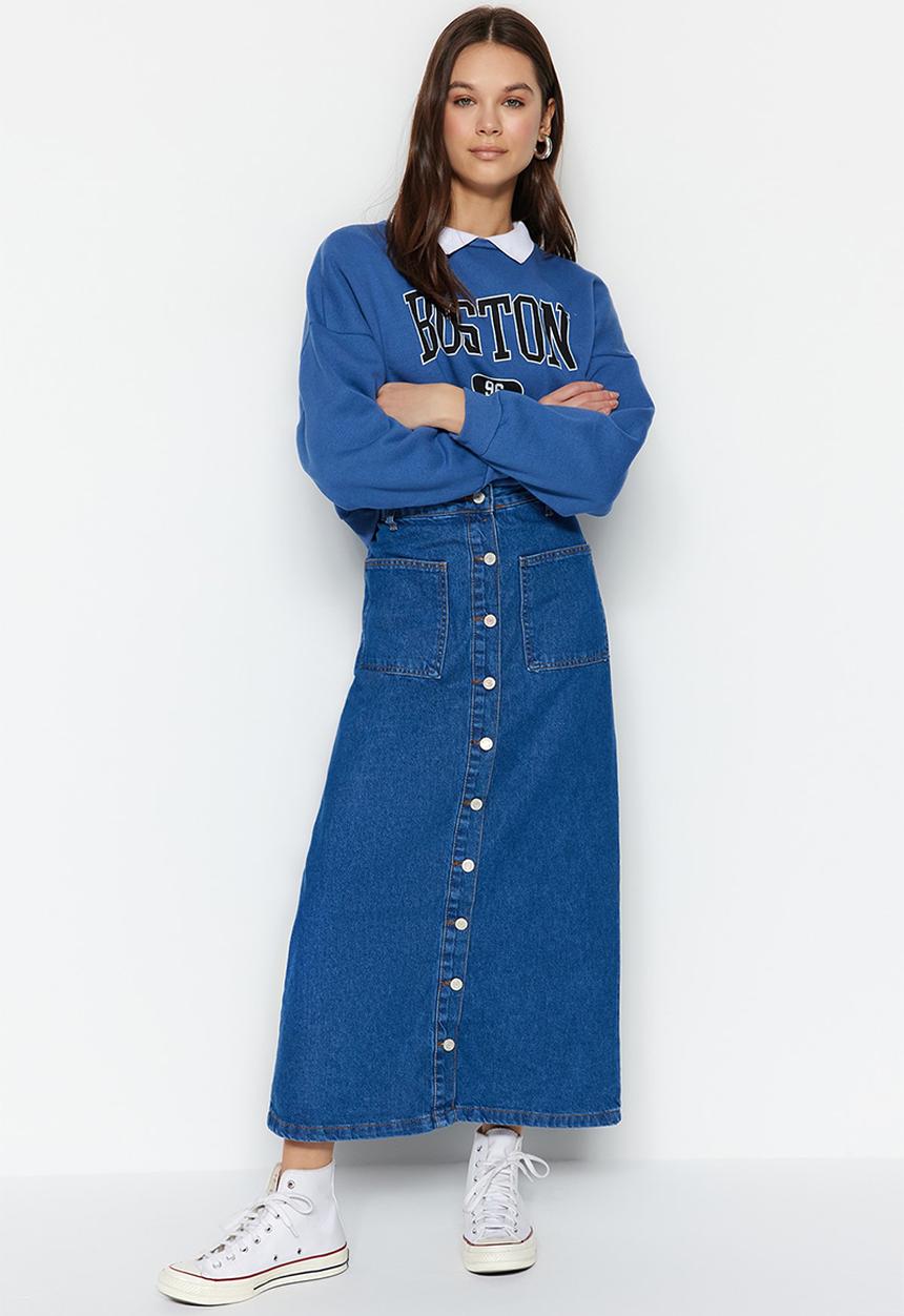 Trendyol - Double Pocket High Waist Denim Jeans Skirt - Dark Indigo