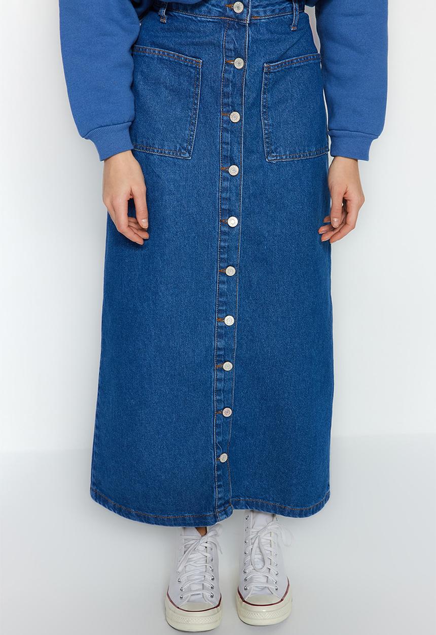 Trendyol - Double Pocket High Waist Denim Jeans Skirt - Dark Indigo