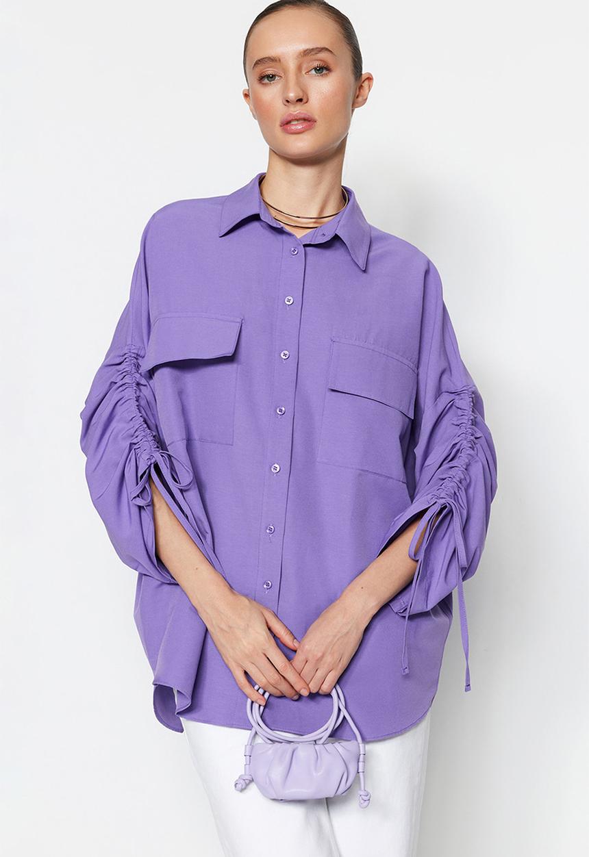 Trendyol - Adjustable Shirring Sleeves Woven Cotton Shirt - Purple