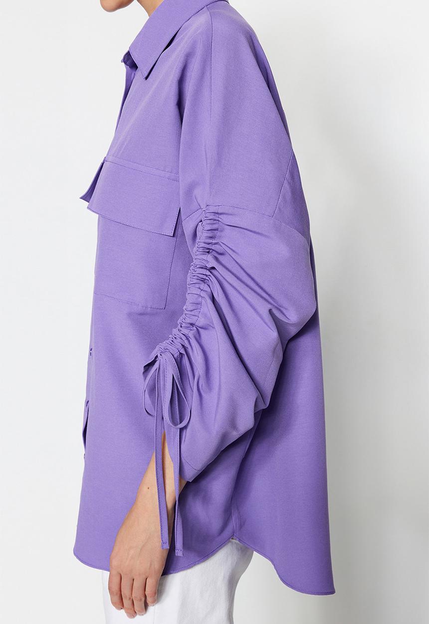 Trendyol - Adjustable Shirring Sleeves Woven Cotton Shirt - Purple