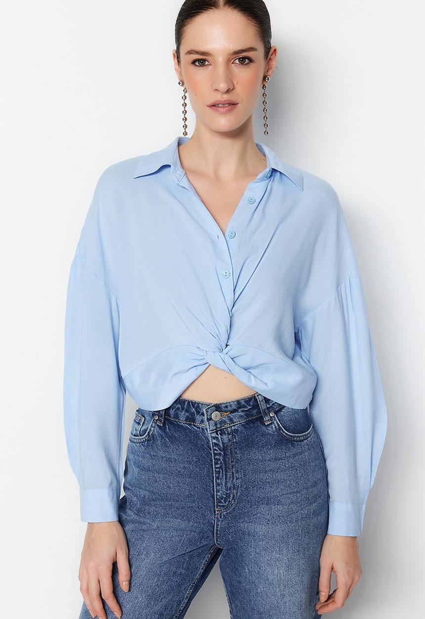 Trendyol - Gathered woven blouse - light blue