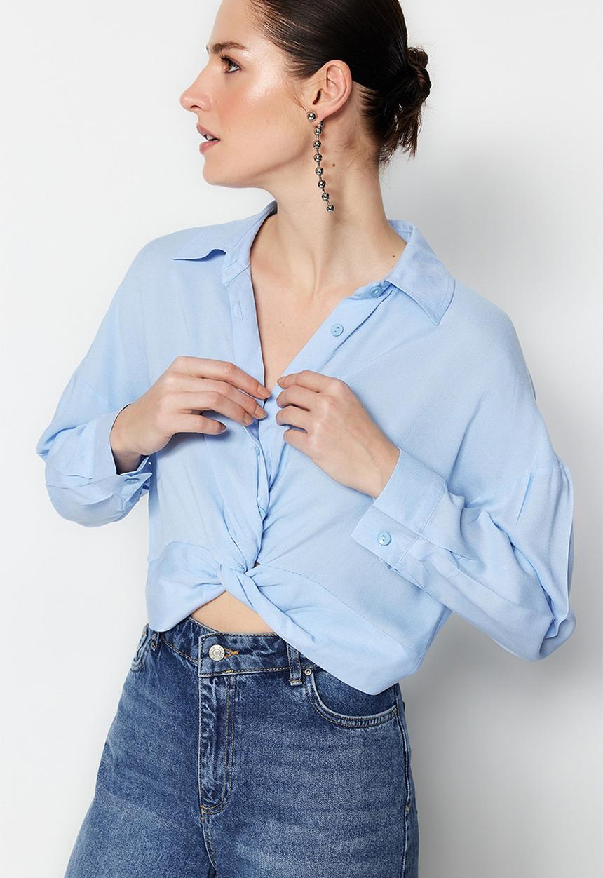 Trendyol - Gathered woven blouse - light blue