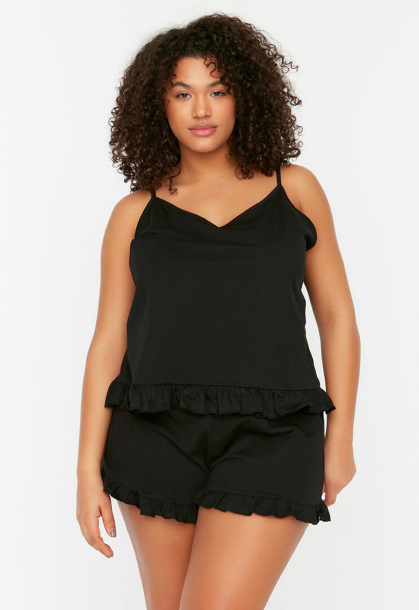 Trendyol - Plus Hanger Knitted Ruffle Detailed Pajamas Set - Black