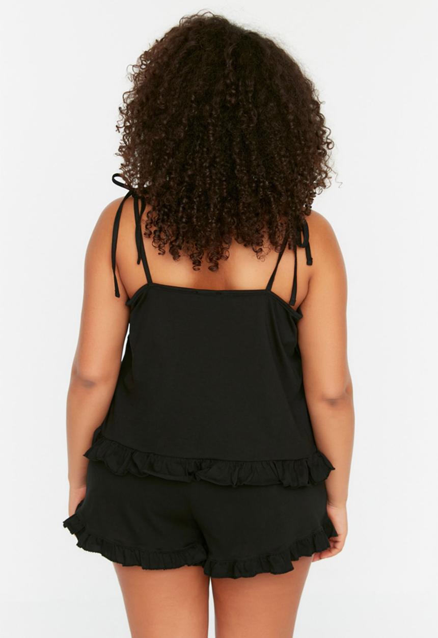 Trendyol - Plus Hanger Knitted Ruffle Detailed Pajamas Set - Black