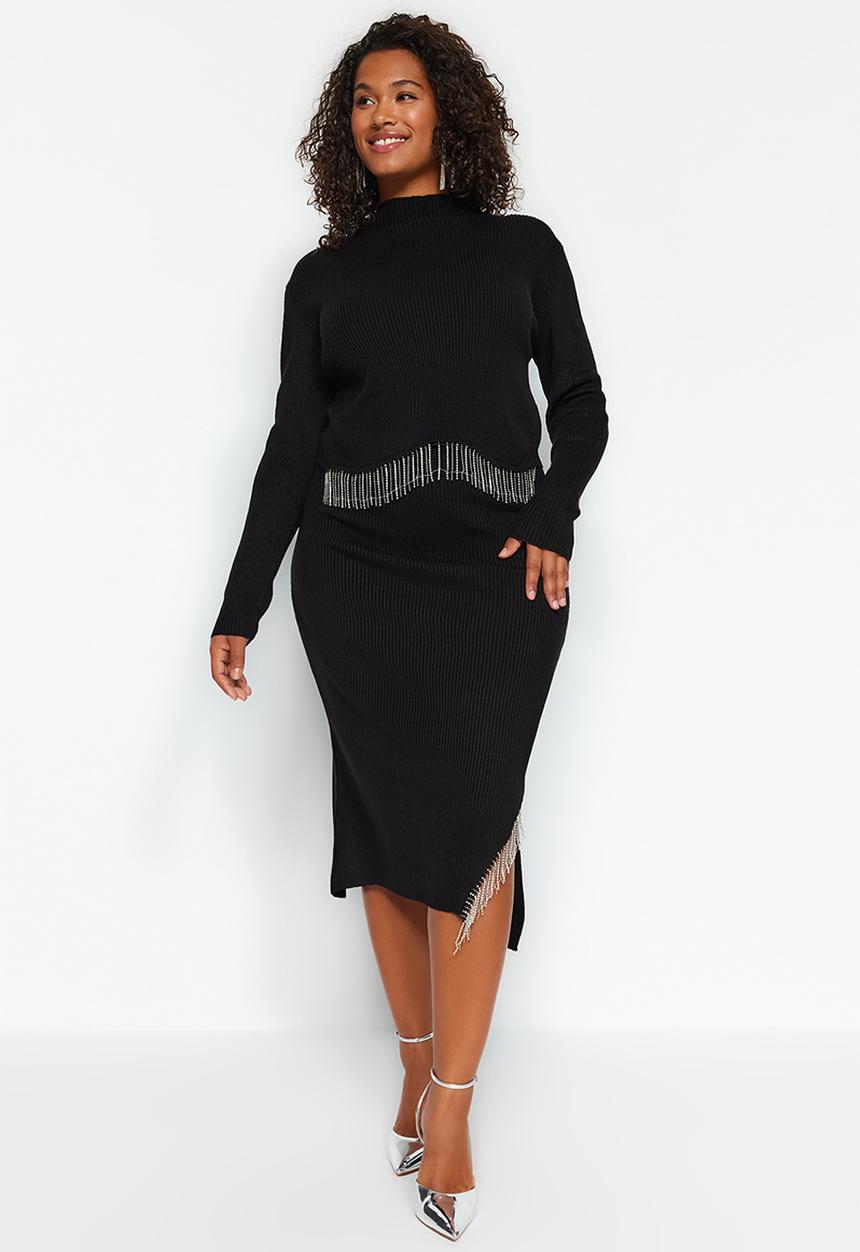 Trendyol - Plus Stone Detailed Knitwear Top and Bottom Set - Black