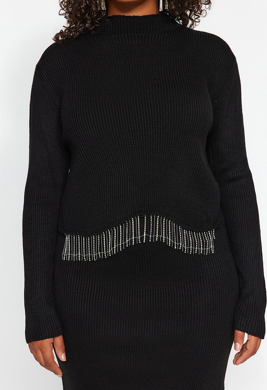 Trendyol - Plus Stone Detailed Knitwear Top and Bottom Set - Black