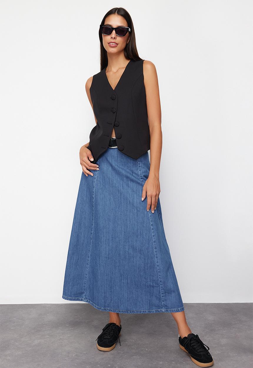 Trendyol - High Waist Midi Modest Denim Skirt - Dark Blue