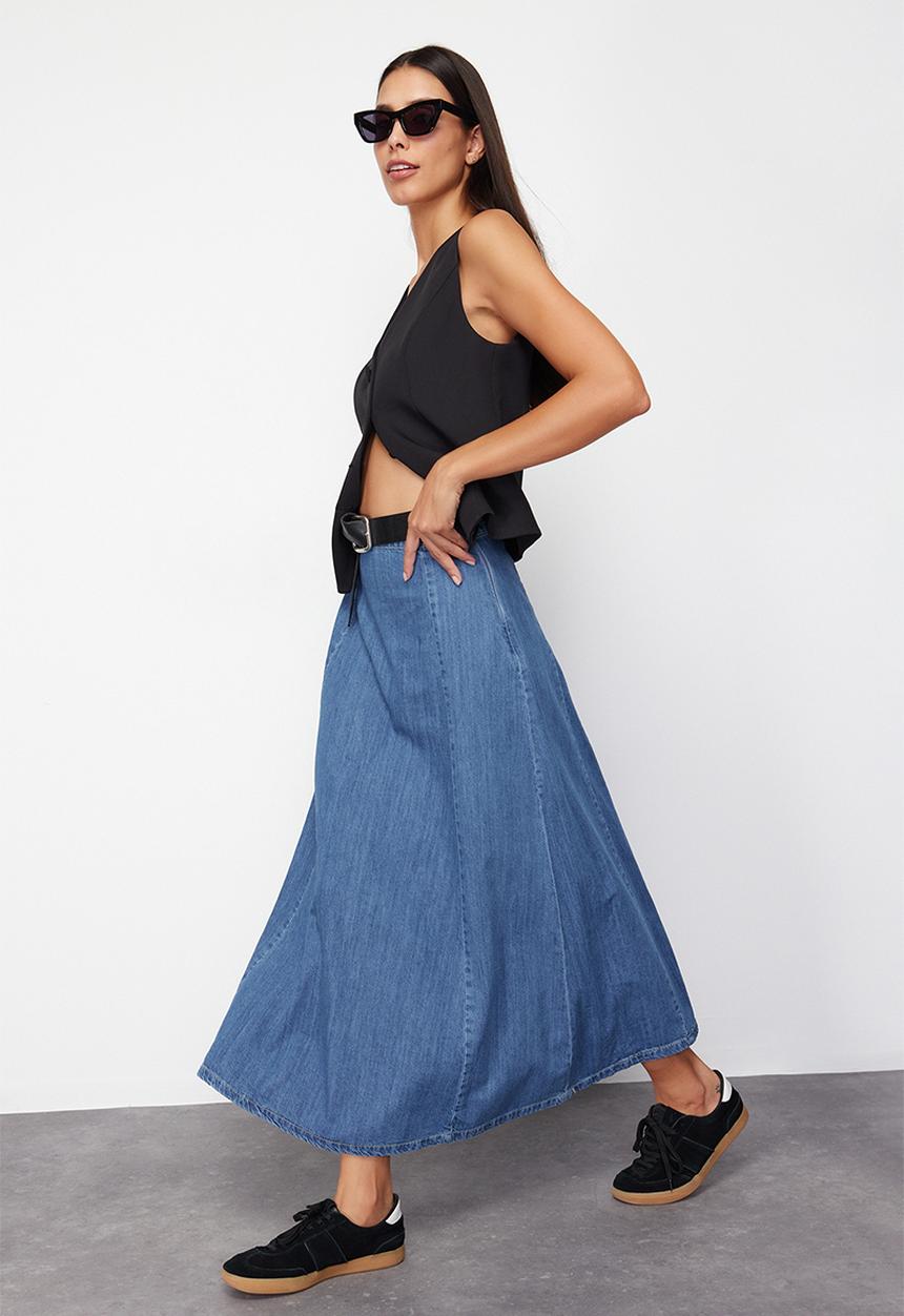 Trendyol - High Waist Midi Modest Denim Skirt - Dark Blue
