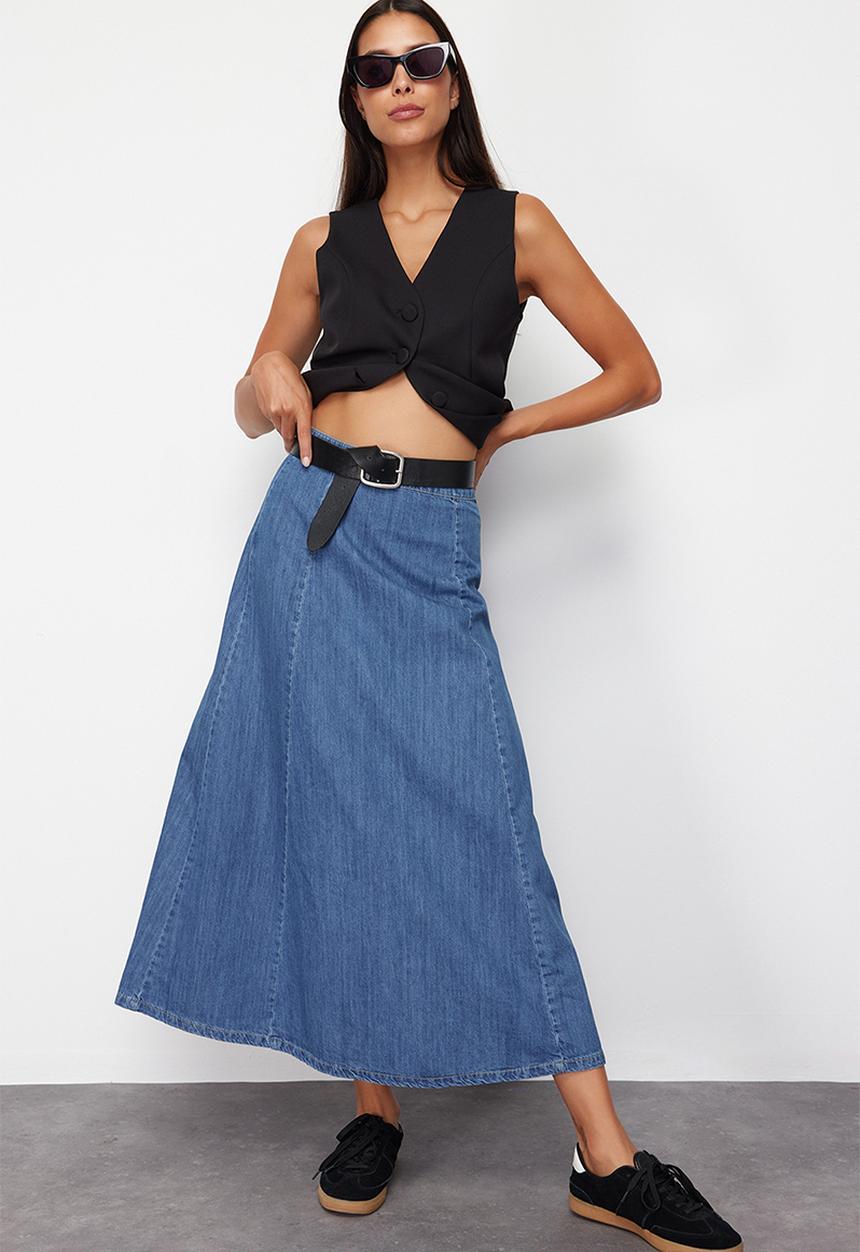 Trendyol - High Waist Midi Modest Denim Skirt - Dark Blue
