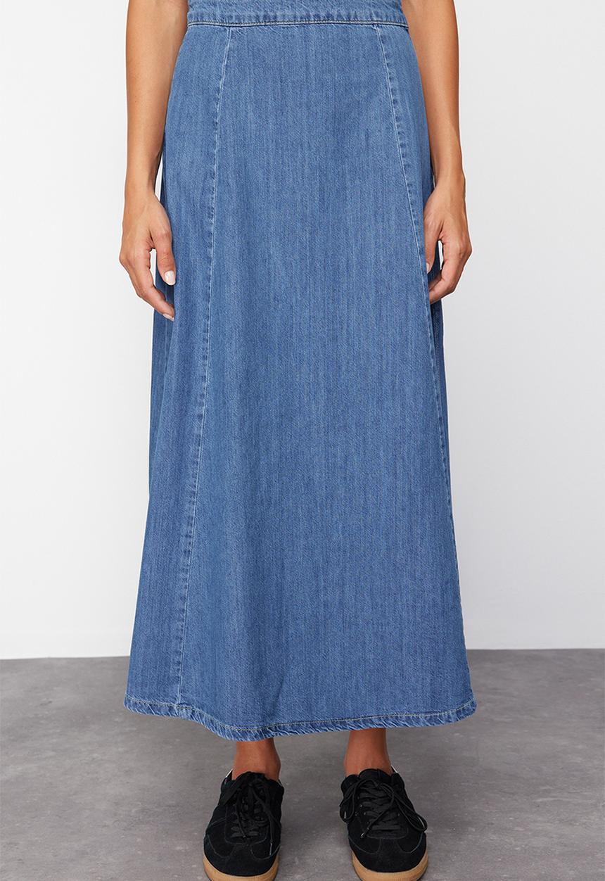 Trendyol - High Waist Midi Modest Denim Skirt - Dark Blue