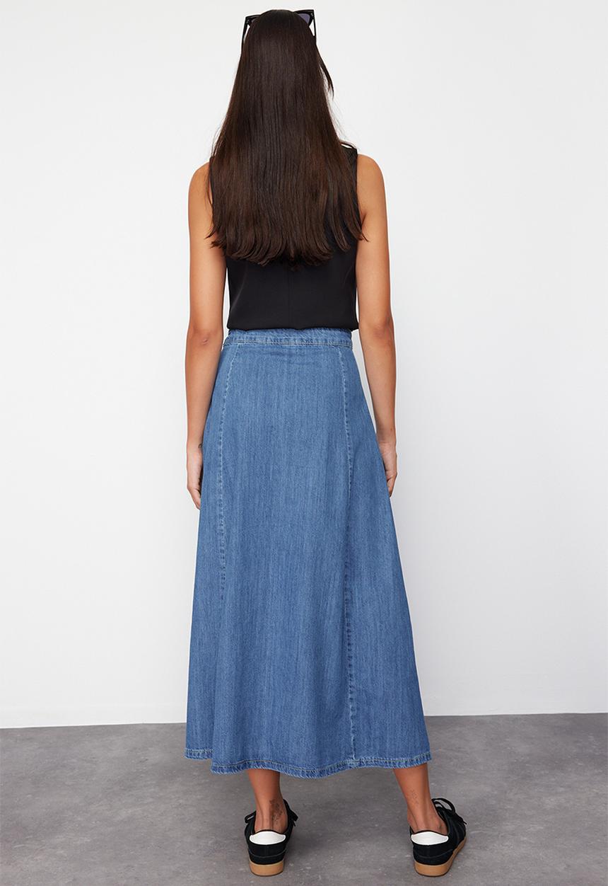 Trendyol - High Waist Midi Modest Denim Skirt - Dark Blue