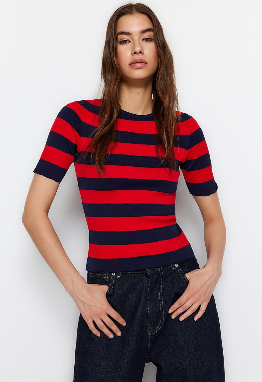 Trendyol - Color Block Blouse - Navy Blue & Red 