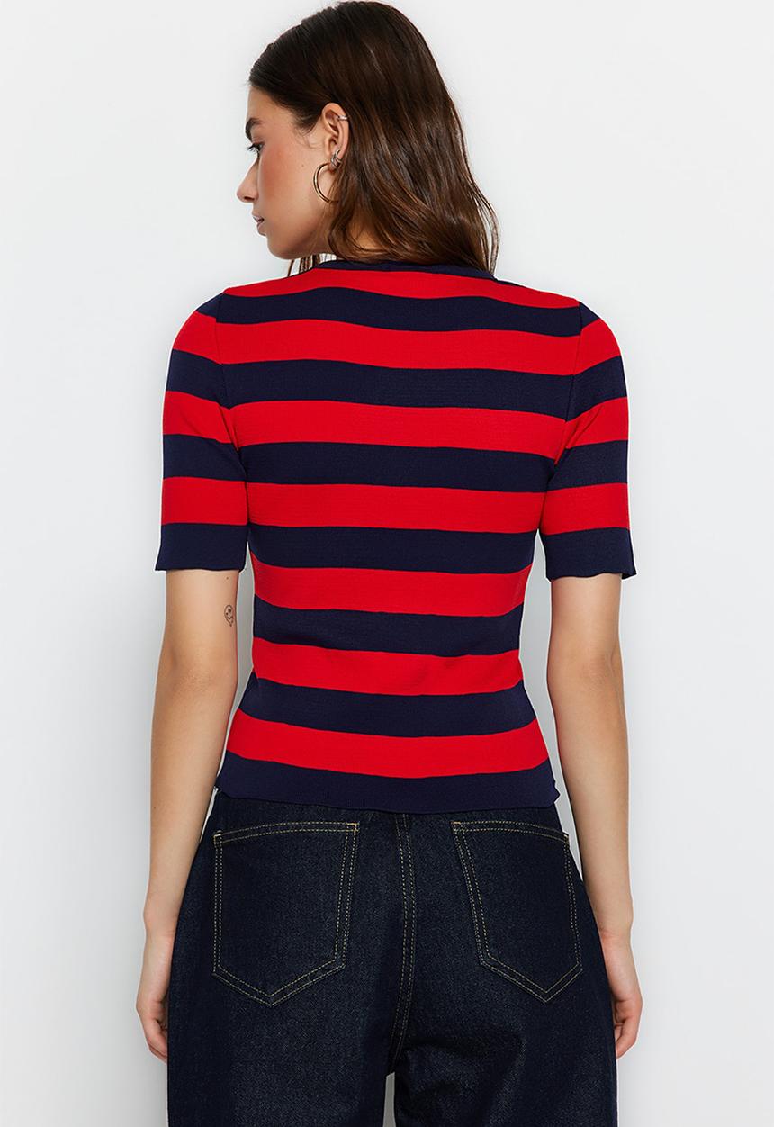 Trendyol - Color Block Blouse - Navy Blue & Red 
