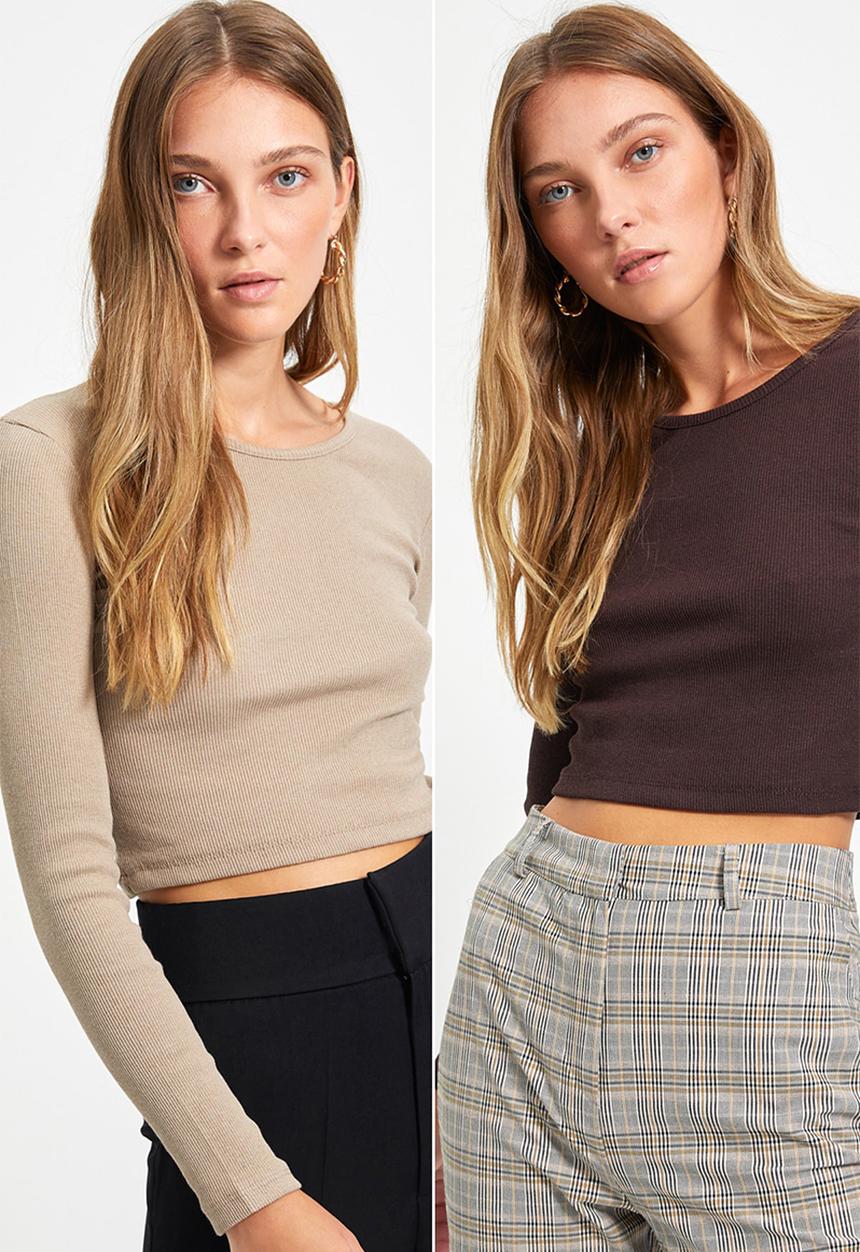 Trendyol - 2-Pack Fitted Wide Collar Corduroy Stretchy Crop Knitted Blouse - Brown/Beige