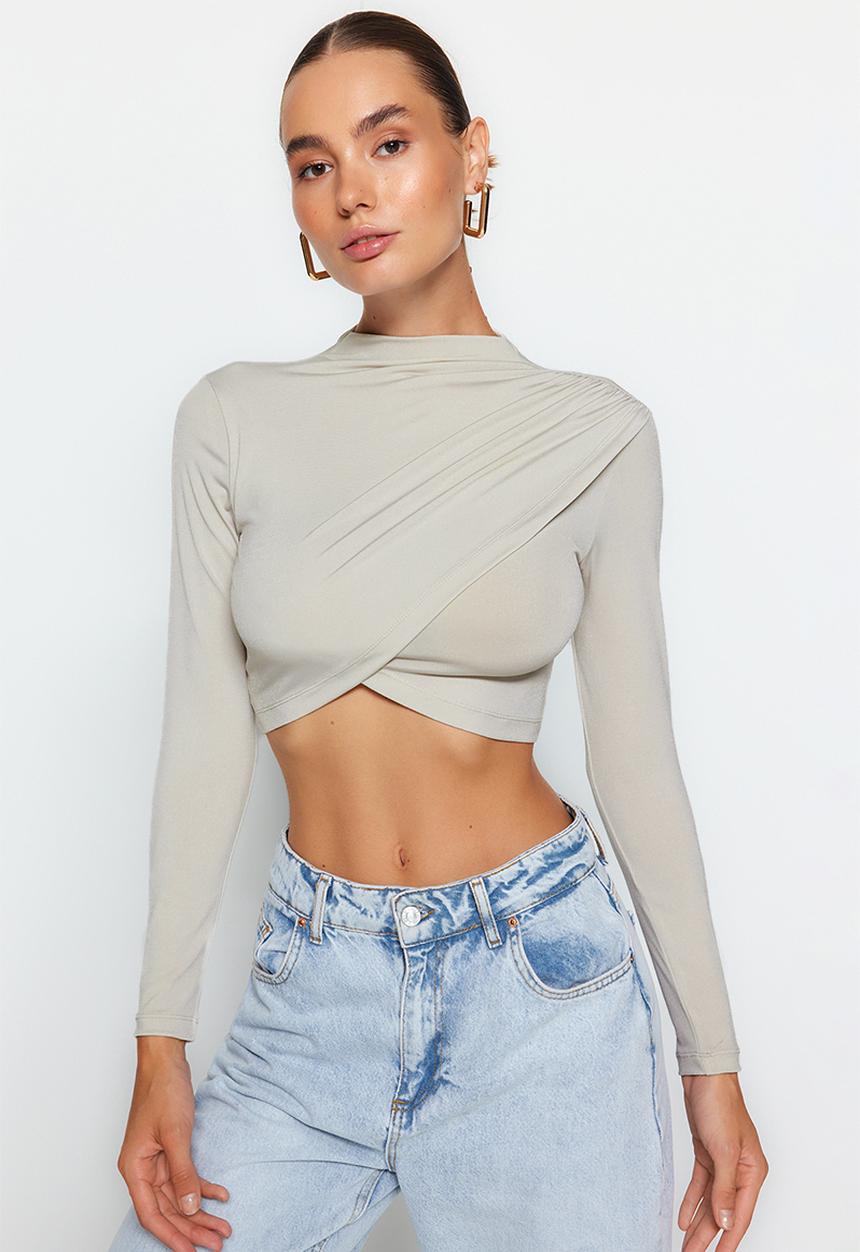 Trendyol - Stand Collar Draped Crop Blouse - Light Stone