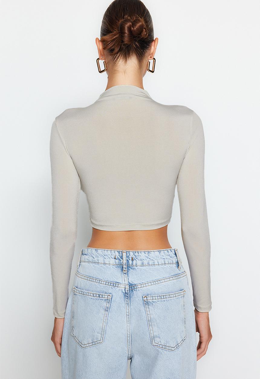 Trendyol - Stand Collar Draped Crop Blouse - Light Stone