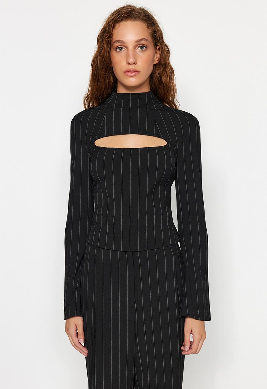Trendyol - X Sagaza Studio Polyviscon Blouse with Striped Cut Out Detail - Black
