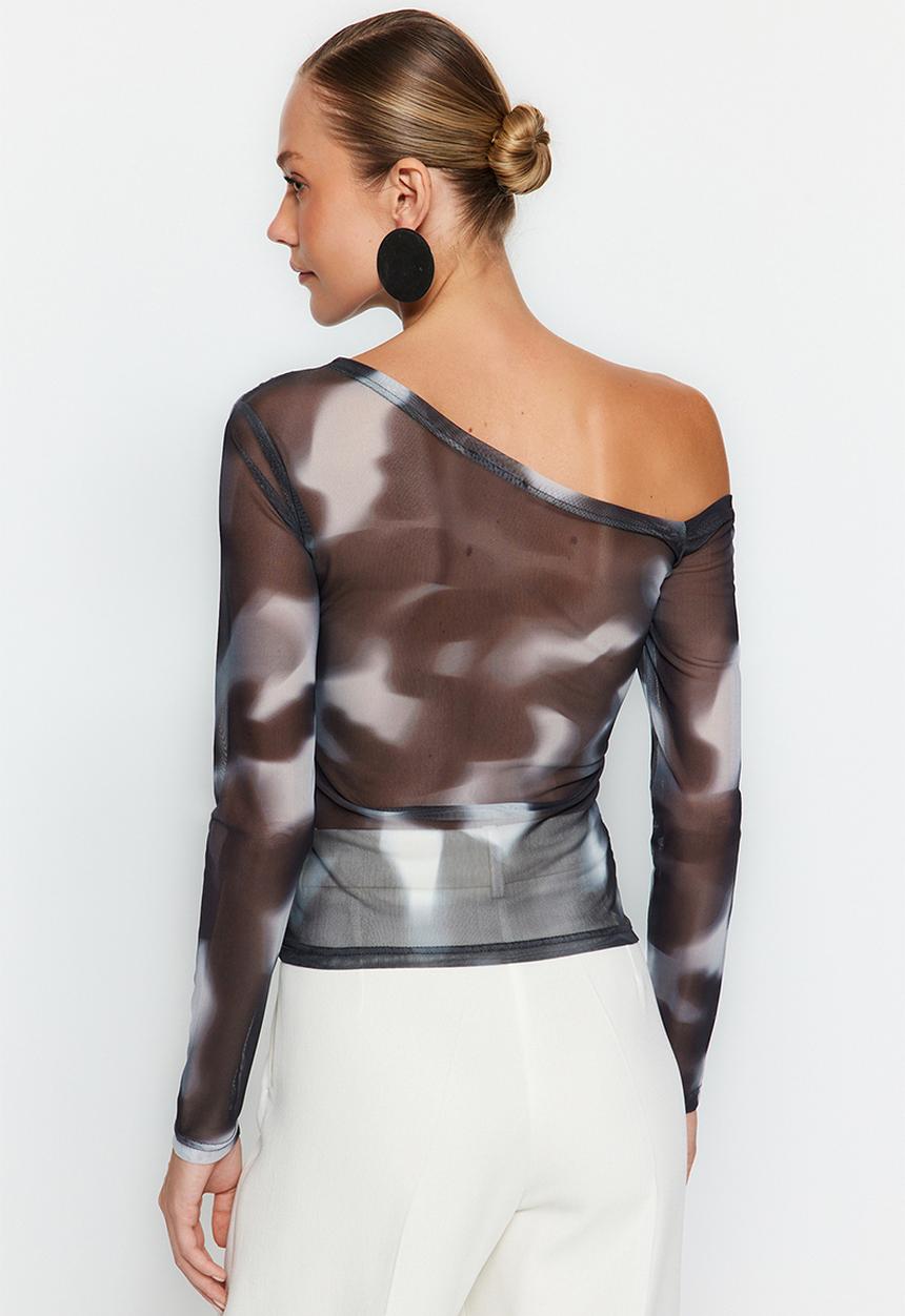 Trendyol - Tulle lined asymmetrical collar blouse - anthracite