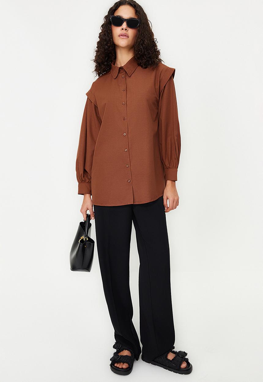 Trendyol - Balloon Sleeve Cotton Woven Shirt - Dark Brown