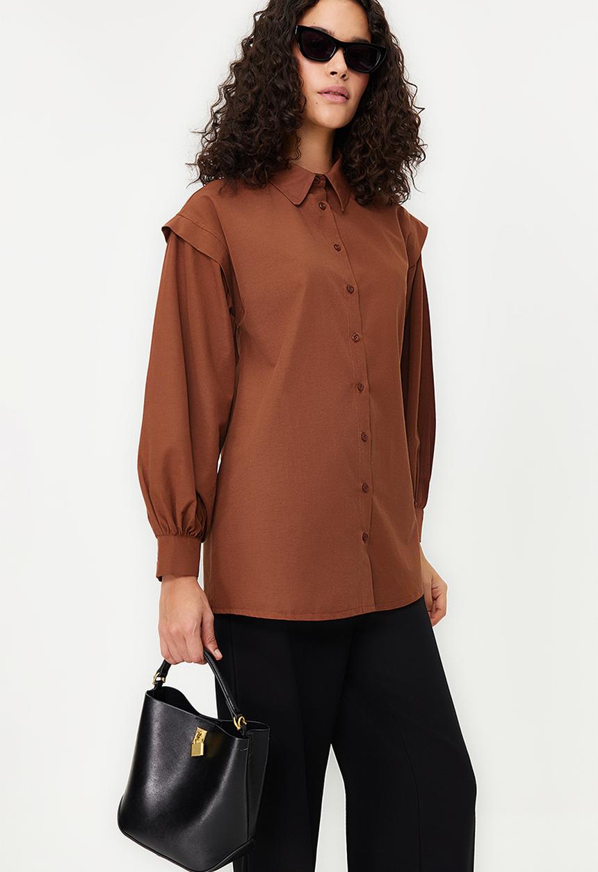 Trendyol - Balloon Sleeve Cotton Woven Shirt - Dark Brown